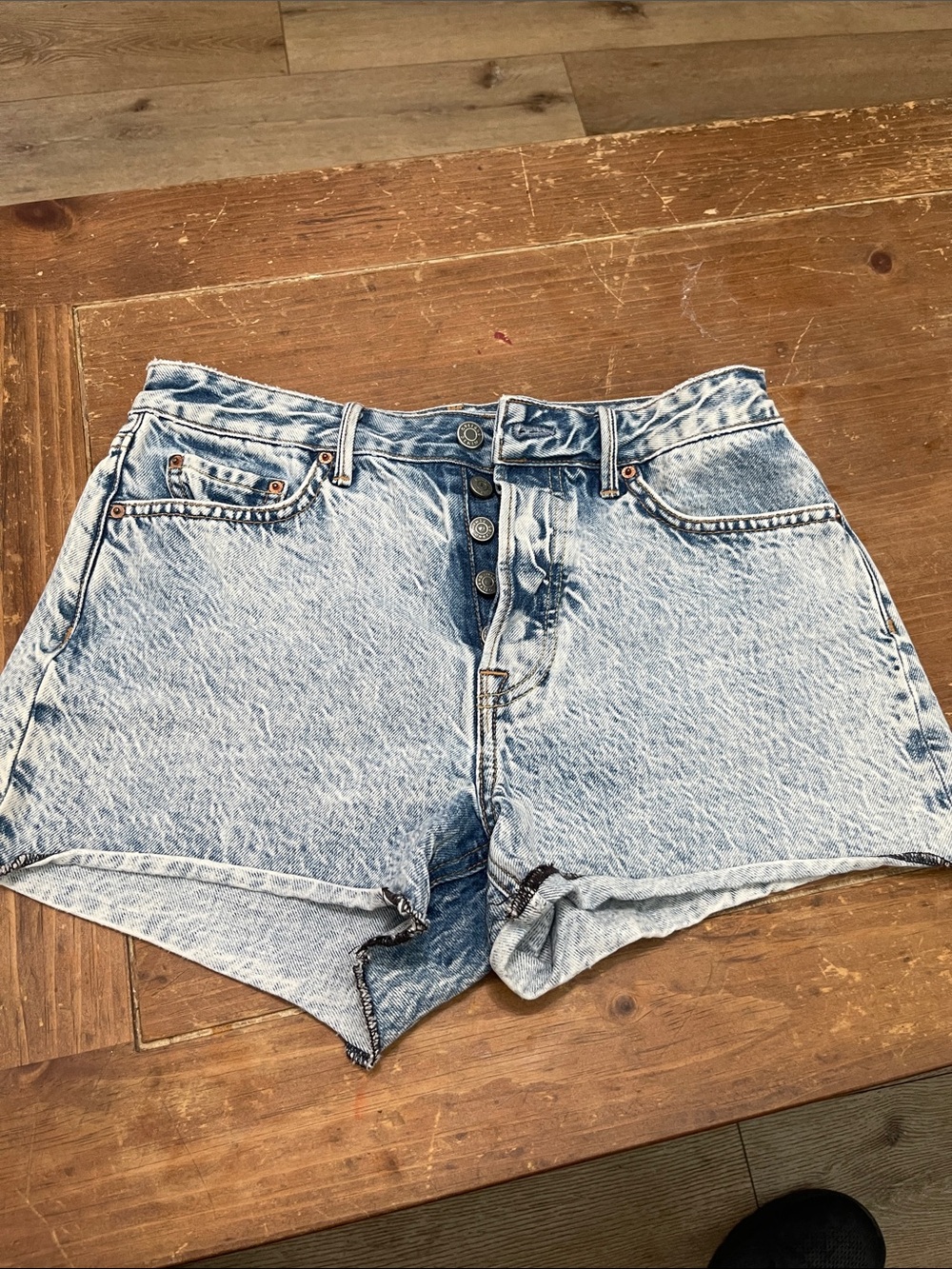 GRLFRND Light Blue High-Rise Button-Fly Jean Shorts